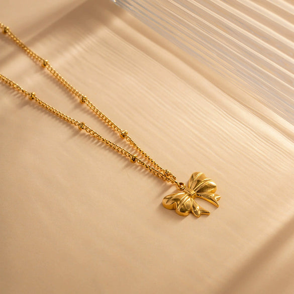 Wholesale Jewelry Stainless Steel Bead Chain Butterfly Pendant Necklace 18K Goldplated
