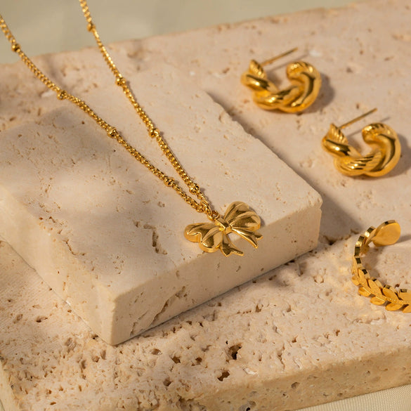 Wholesale Jewelry Stainless Steel Bead Chain Butterfly Pendant Necklace 18K Goldplated