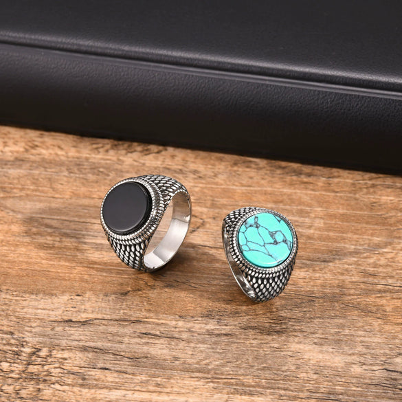 Wholesale Jewelry Stainless Steel Black Onyx Turquoise Geometric Men's Ring Electroplated