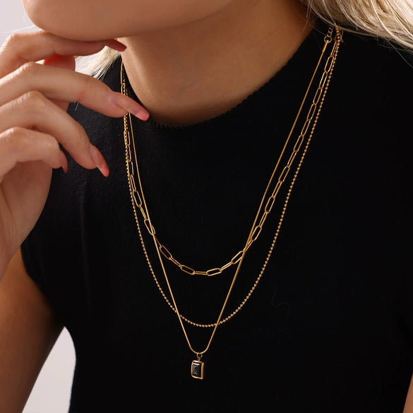 Wholesale Jewelry 316L Stainless Steel Black Shell Malachite Square Geometric Electroplated Light Luxury Women's Collarbone Chain Necklace