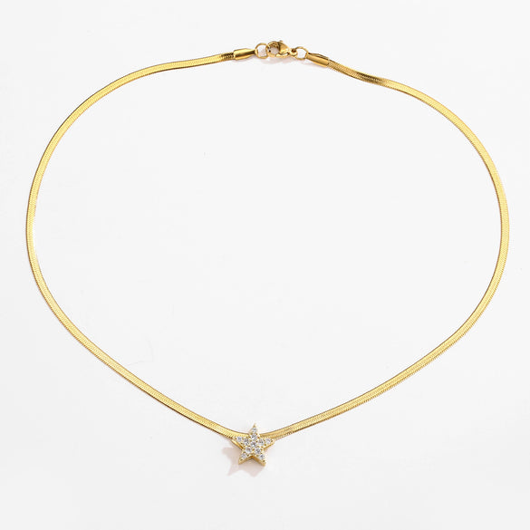 Wholesale Jewelry Stainless Steel Blade Chain Heart Star Pendant Necklace With Micropaved Zircon And 18K Gold Plated