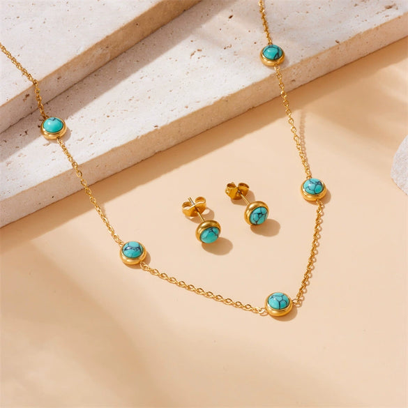 Wholesale Jewelry Stainless Steel Blue Turquoise Round Retro Fashion Earrings And Necklace Set With Electroplating