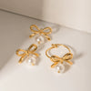 Wholesale Jewelry Stainless Steel Bow Pearl Pendant Earrings Gold Plated