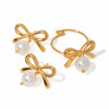 Wholesale Jewelry Stainless Steel Bow Pearl Pendant Earrings Gold Plated