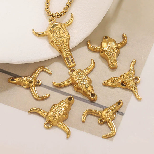 Wholesale Jewelry Stainless Steel Bull Head Animal Series Vacuum Goldplated Pendant Necklace