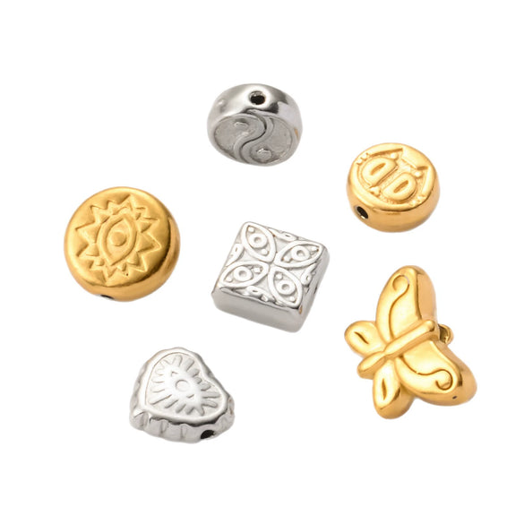 Wholesale Jewelry Stainless Steel Butterfly Bee Love Kitten Fish Skull Flat Square Perforated Beads Electroplated Diy Handmade Materials