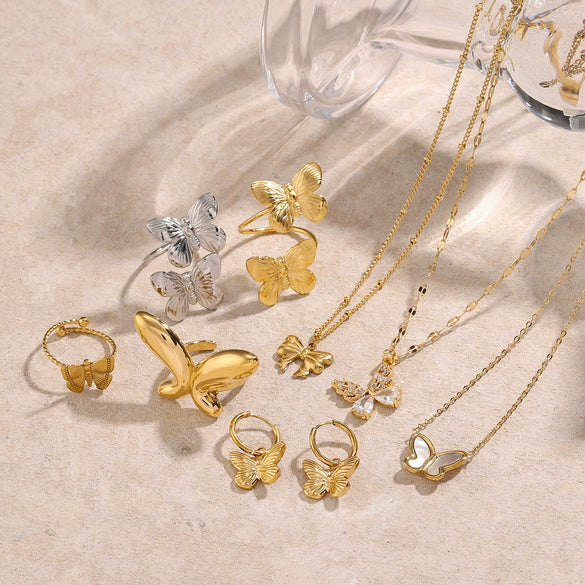 Wholesale Jewelry Stainless Steel Butterfly Necklace And Bracelet Earrings With Rhinestone Pendant Geometric Style Electroplating