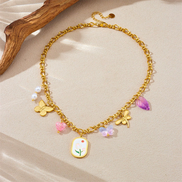 Wholesale Jewelry Stainless Steel Chain With Printed Oil Drop Square Butterfly Dragonfly Love Pendant Flower Pattern Electroplated