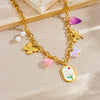 Wholesale Jewelry Stainless Steel Chain With Printed Oil Drop Square Butterfly Dragonfly Love Pendant Flower Pattern Electroplated