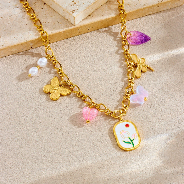 Wholesale Jewelry Stainless Steel Chain With Printed Oil Drop Square Butterfly Dragonfly Love Pendant Flower Pattern Electroplated