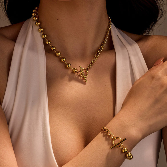 Wholesale Jewelry Stainless Steel Colorblocked Hollow Ball Chain Ot Buckle Electroplated Necklace Bracelet Set For Women