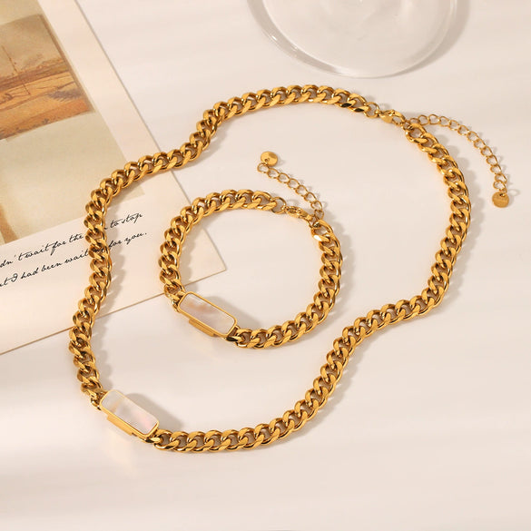 Wholesale Jewelry Stainless Steel Cuban Chain Geometric White Shell Pendant Necklace For Women With Electroplating