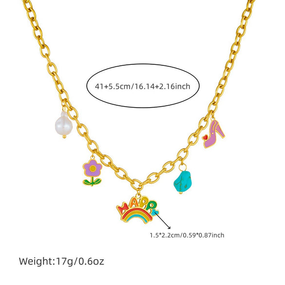 Wholesale Jewelry Stainless Steel Cute Cartoon Oil Drop Happy Rainbow Pendant Electroplating O Chain Women's