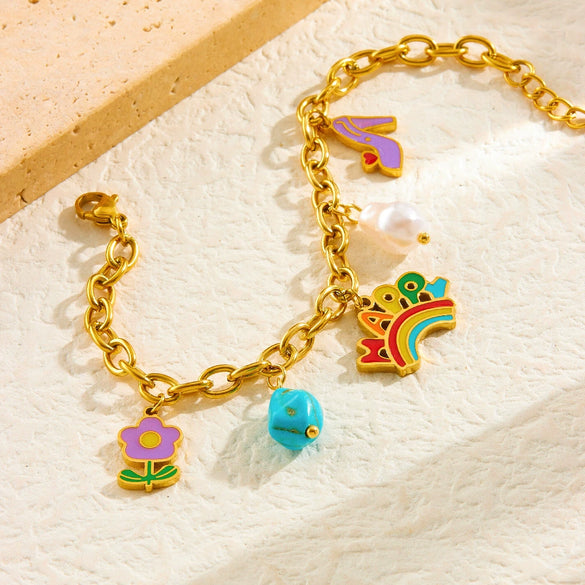Wholesale Jewelry Stainless Steel Cute Cartoon Oil Drop Happy Rainbow Pendant Electroplating O Chain Women's