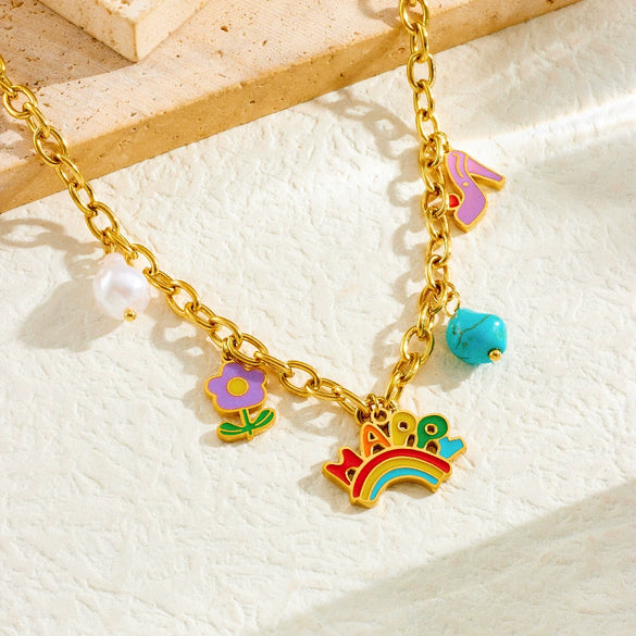 Wholesale Jewelry Stainless Steel Cute Cartoon Oil Drop Happy Rainbow Pendant Electroplating O Chain Women's