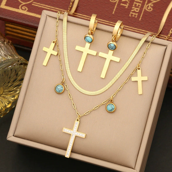 Wholesale Jewelry Stainless Steel Double Chain Turquoise Clavicle Chain With Cross Design Electroplated
