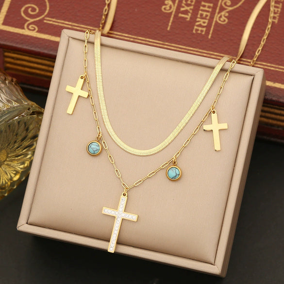 Wholesale Jewelry Stainless Steel Double Chain Turquoise Clavicle Chain With Cross Design Electroplated