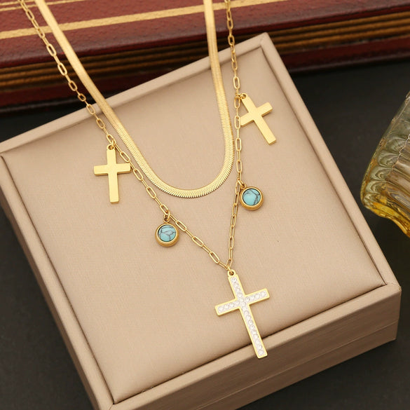 Wholesale Jewelry Stainless Steel Double Chain Turquoise Clavicle Chain With Cross Design Electroplated