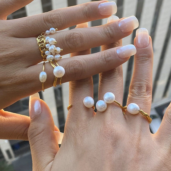 Wholesale Jewelry Stainless Steel Double Layer Hollow Freshwater Pearl Geometric Style Electroplated Ring For Women
