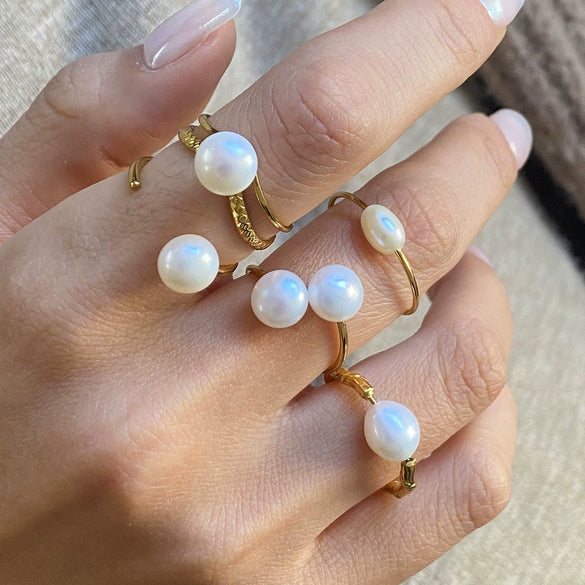 Wholesale Jewelry Stainless Steel Double Layer Hollow Freshwater Pearl Geometric Style Electroplated Ring For Women