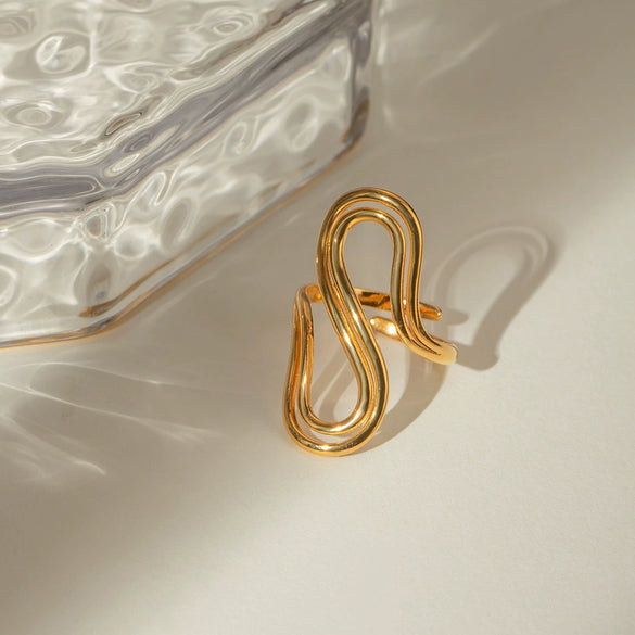 Wholesale Jewelry Stainless Steel Doublelayer Corrugated Open Ring Electroplating Geometric Style