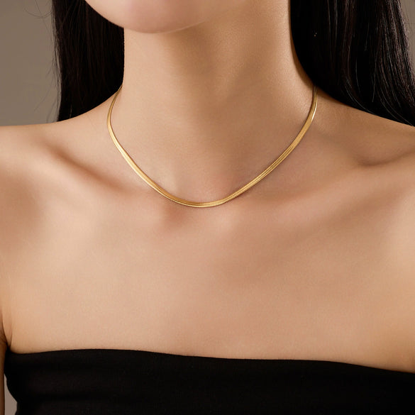 Wholesale Jewelry Stainless Steel Fashion Goldplated Flat Snake Chain Clavicle Necklace For Women