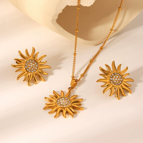 Wholesale Jewelry Stainless Steel Flower Geometric Style Earrings Set With Diamonds
