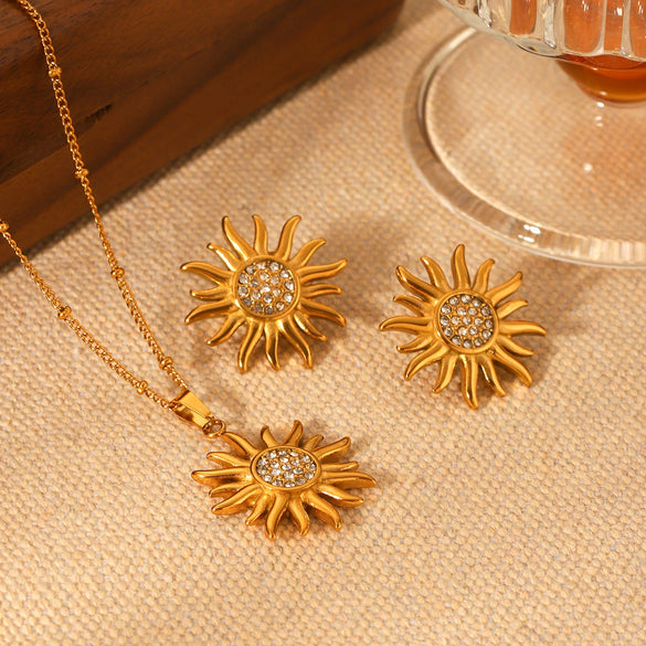Wholesale Jewelry Stainless Steel Flower Geometric Style Earrings Set With Diamonds
