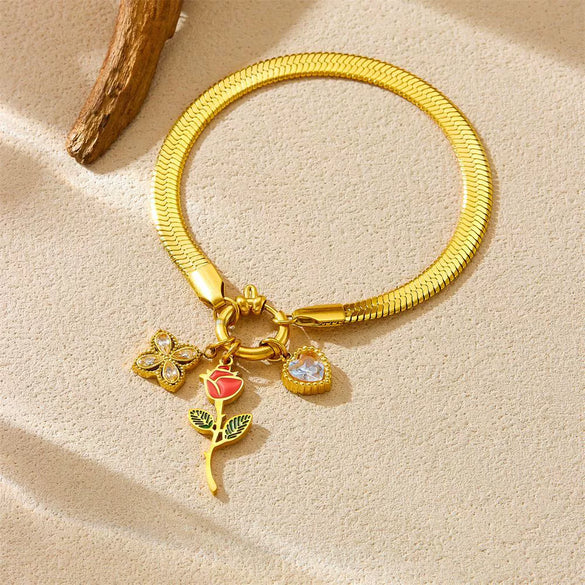 Wholesale Jewelry Stainless Steel Flower Pattern Electroplated Pendant Snake Bone Bracelet For Women