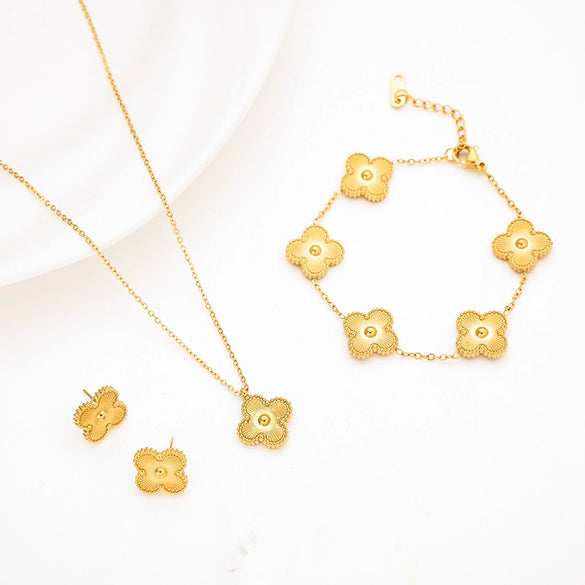 Wholesale Jewelry Stainless Steel Fourleaf Clover Electroplated Ochain Necklace Earrings Bracelet Set For Women