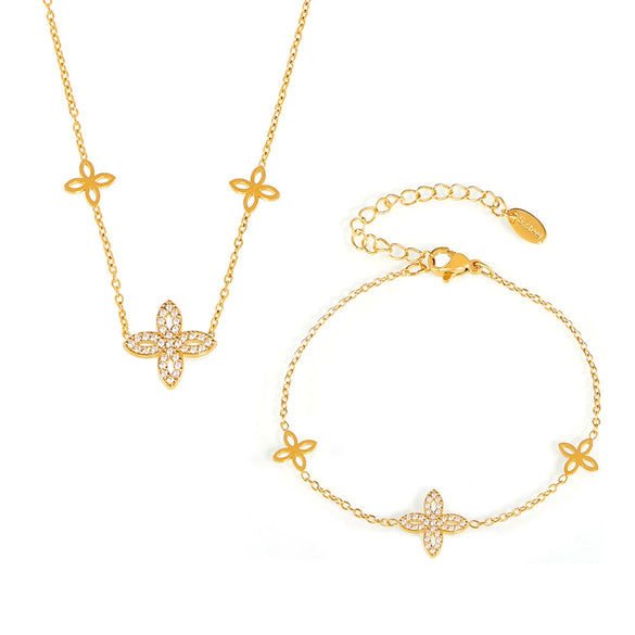 Wholesale Jewelry 316L Stainless Steel Fourleaf Flower Zircon Pendant Necklace And Bracelet Set For Women Electroplated Real Gold Color Preservation