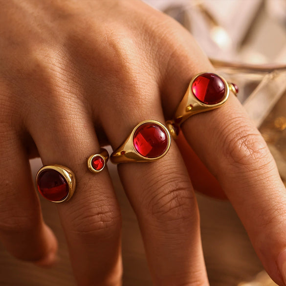 Wholesale Jewelry Stainless Steel Garnet Geometric Open Tail Ring Pvd Gold Plated Luxury Elegant