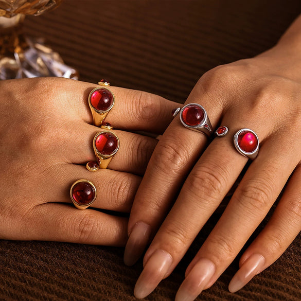 Wholesale Jewelry 316L Stainless Steel Garnet Geometric Pvd Real Gold Plated Light Luxury Women's Ring