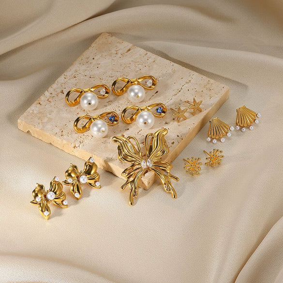 Wholesale Jewelry Stainless Steel Geometric Bow Pearl Ring And Earrings With Electroplating