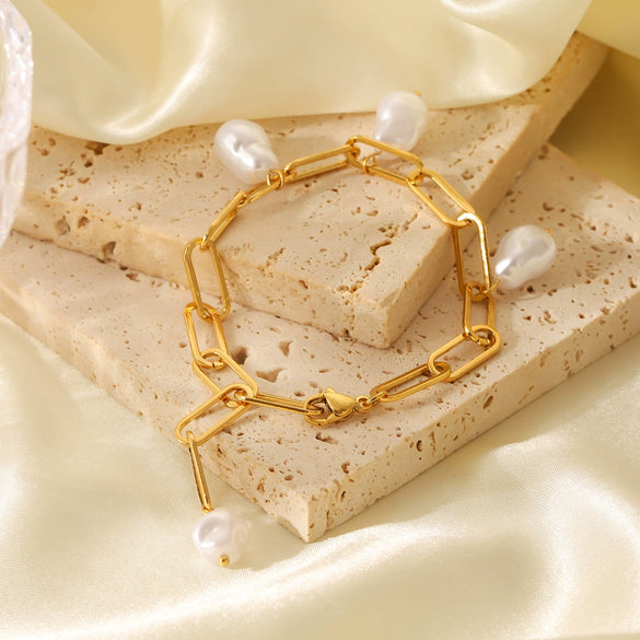 Wholesale Jewelry Stainless Steel Geometric Cross Chain Bracelet With Pearl Pendant Electroplated
