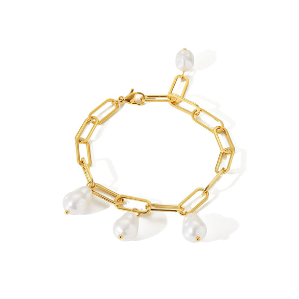Wholesale Jewelry Stainless Steel Geometric Cross Chain Bracelet With Pearl Pendant Electroplated