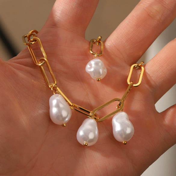 Wholesale Jewelry Stainless Steel Geometric Cross Chain Bracelet With Pearl Pendant Electroplated