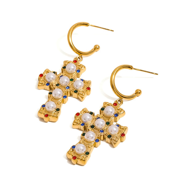 Wholesale Jewelry Stainless Steel Geometric Cross Pendant Earrings With Electroplating For Women