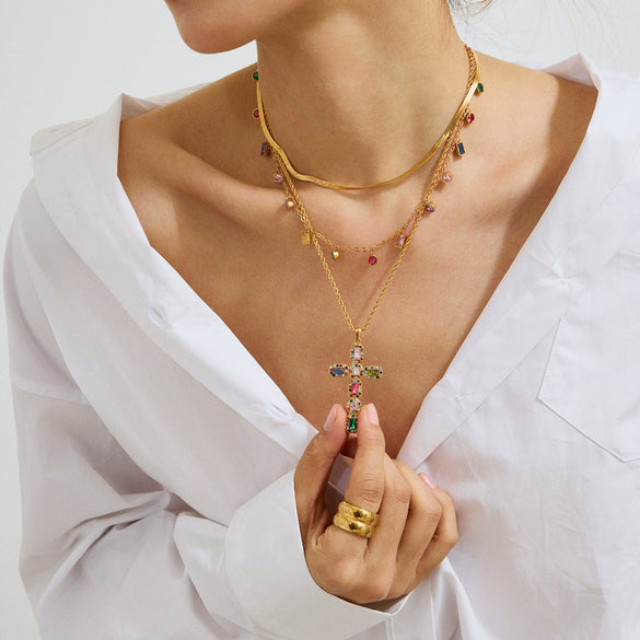 Wholesale Jewelry Stainless Steel Geometric Cross Pendant Electroplating Titanium Steel Bone Chain For Women