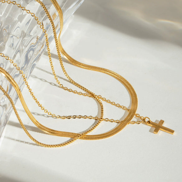 Wholesale Jewelry Stainless Steel Geometric Cross Pendant Multi Layer Necklace Electroplated Titanium Steel