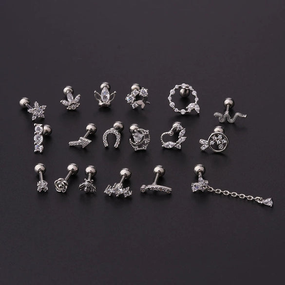 Wholesale Jewelry Stainless Steel Geometric Electroplated Ear Bone Nail Zircon Puncture Earrings Screw Ball Earrings