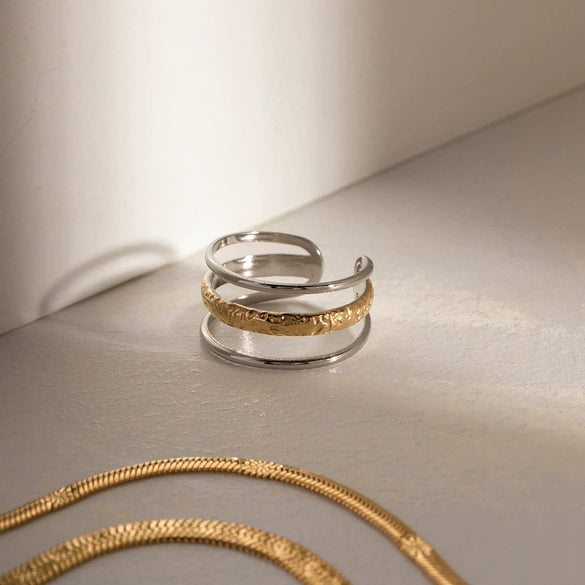 Wholesale Jewelry Stainless Steel Geometric Electroplating Three Layer Open Ring For Women