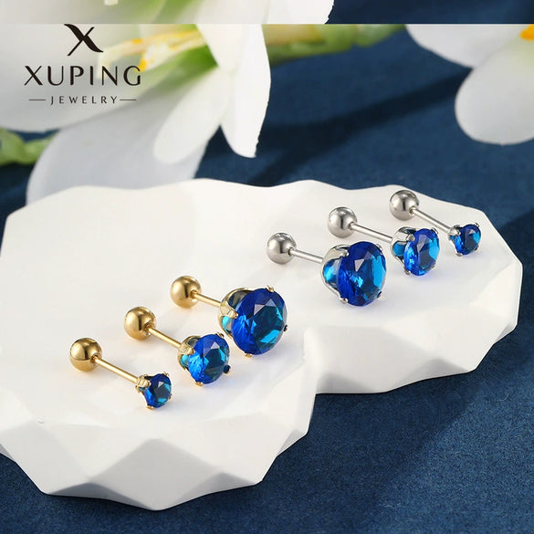 Wholesale Jewelry Stainless Steel Geometric Fourclaw Stud Earrings With Screw Twist Buckle And Blue Artificial Gem Electroplated For Women