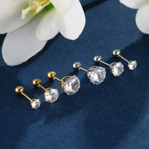 Wholesale Jewelry Stainless Steel Geometric Fourclaw Stud Earrings With Screw Twist Buckle And Blue Artificial Gem Electroplated For Women
