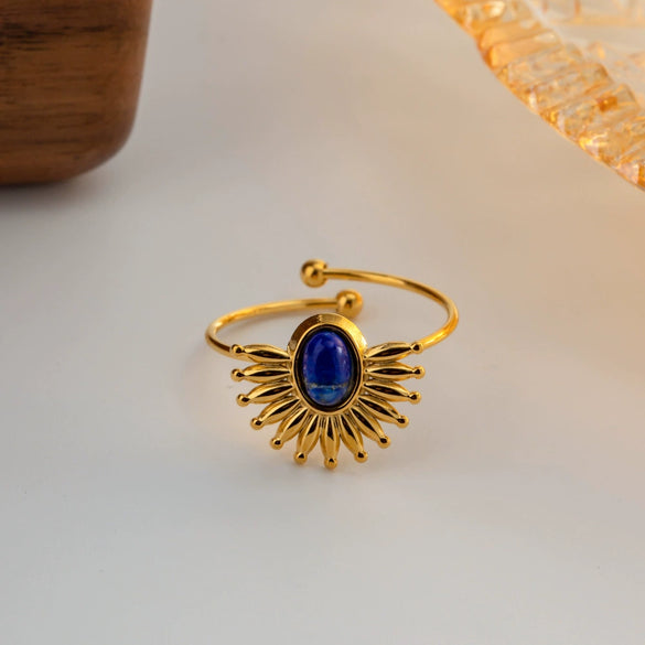 Wholesale Jewelry Stainless Steel Geometric French Retro Style Inlaid Lapis Open Ring For Women