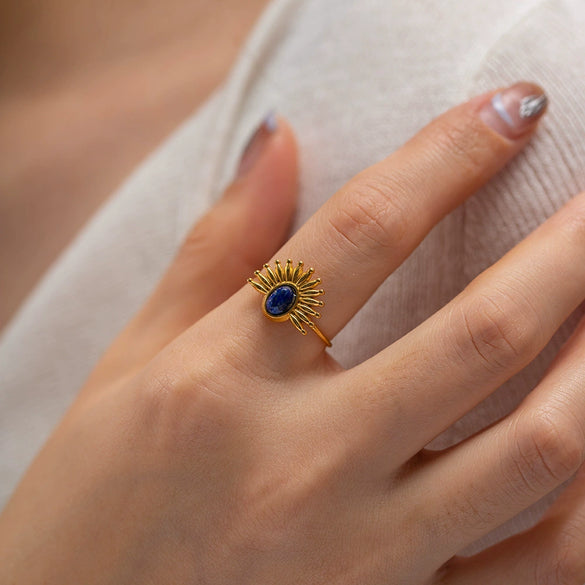 Wholesale Jewelry Stainless Steel Geometric French Retro Style Inlaid Lapis Open Ring For Women