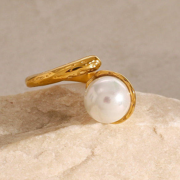 Wholesale Jewelry Stainless Steel Geometric Hammer Pattern Pearl Beads Open Ring With Electroplating For Women
