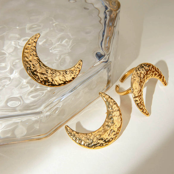 Wholesale Jewelry Stainless Steel Geometric Hammered Half Moon Earrings For Women Electroplated