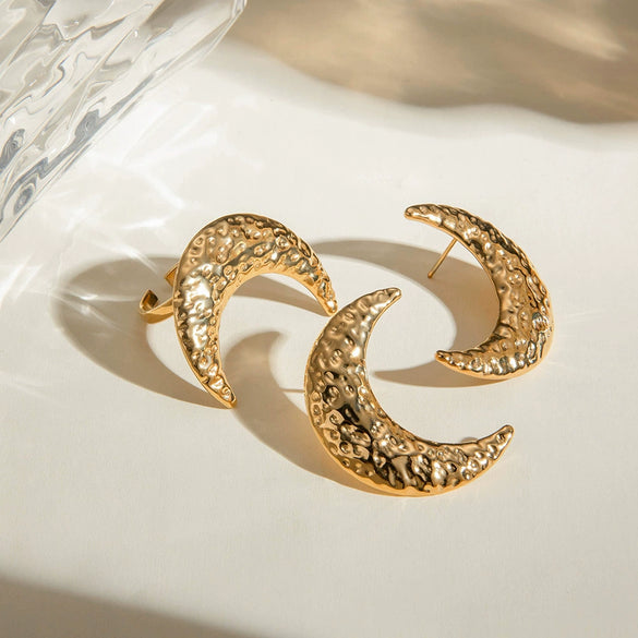 Wholesale Jewelry Stainless Steel Geometric Hammered Half Moon Earrings For Women Electroplated