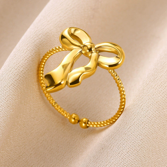 Wholesale Jewelry Stainless Steel Geometric Heart Bow Open Female Ring Electroplated